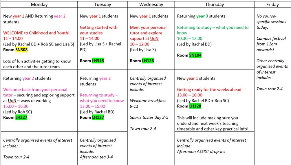 Schedule for students' programme-based sessions during Welcome week