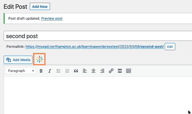 Image of Post editor window with Kaltura button highlighted.