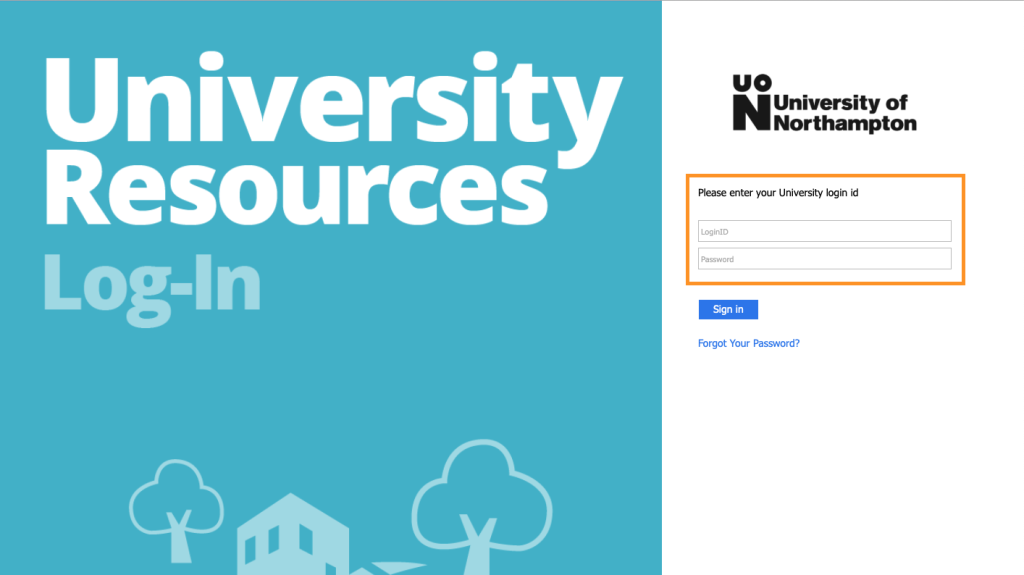 University Resources Log-in page.